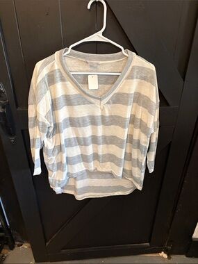 Striped V-Neck Women’s Top - Gray & Cream